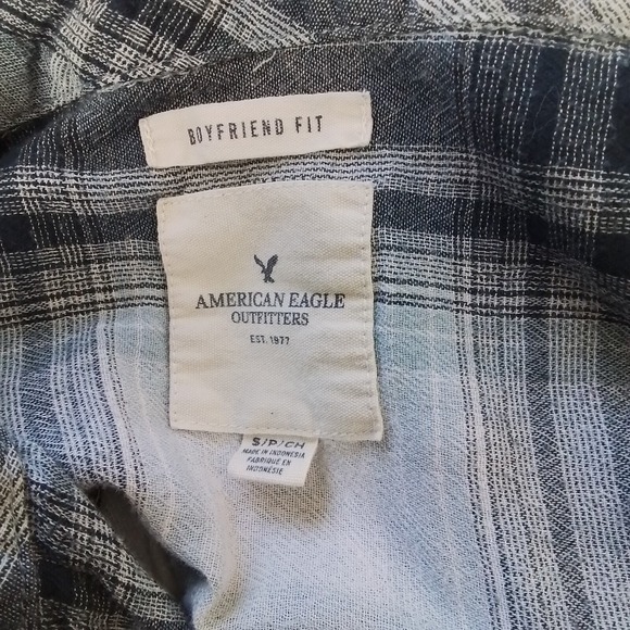 American Eagle Womens Flannel Shirt Sz S Charcoal Blue Plaid Boyfriend Roll‎ Tab - Picture 13 of 15